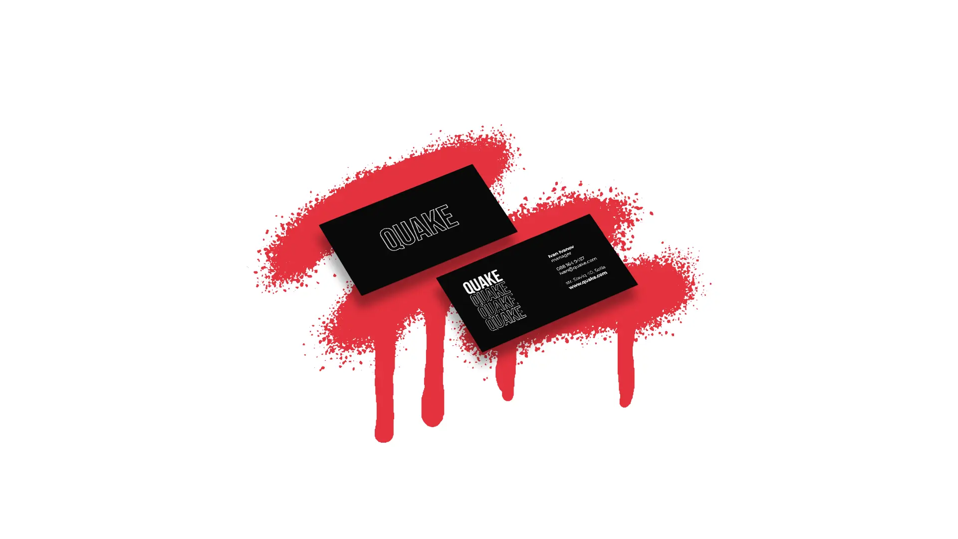 Two black Quake business cards on a white background with a large red spray-paint splash and drips behind them. The front shows the outlined 'QUAKE' logo; the back shows the logo repeated in a stacked pattern alongside contact details.
